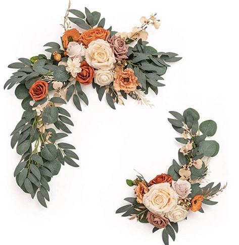 Flower Swag, Reception Entrance, Reception Backdrop, Orange Wedding Flowers, Burnt Orange Weddings, Wedding Ceremony Signs, Arch Decoration, Wedding Arch Flowers, Arch Flowers