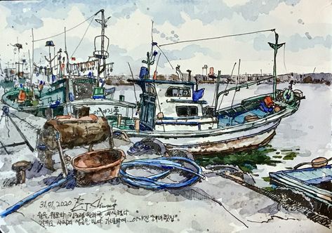 Port Drawing, Journal Sketches, Urban Sketch, Urban Sketchers, Painting Drawing, Drawing Tutorials, 그림 그리기, Watercolor Painting, Subjects