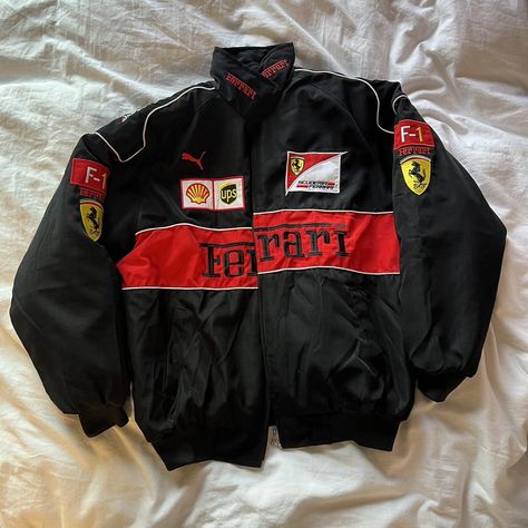 Ferrari Embroidered F1 Racing Jacket size L but fits... - Depop F1 Racer Jacket, F1 Race Jacket, Porsche Racing Jacket, Redbull Jacket F1, Ferrari Jacket Men, Ferrari Merch Outfit, Ferrari F1 Jacket Outfit, 2000s Ferrari Merch, Ferrari Jacket Outfit Man