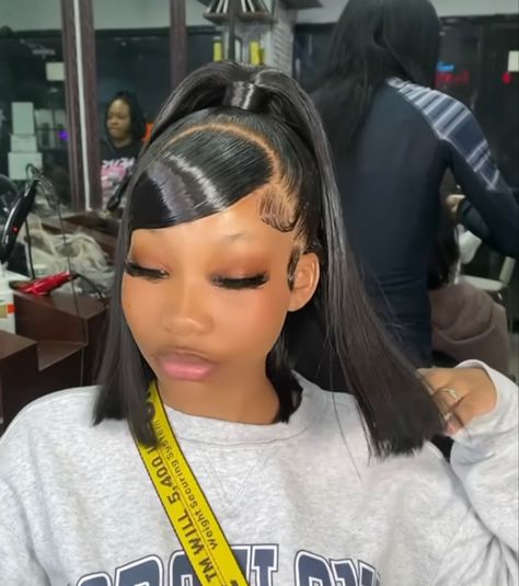 Half Up Half Down Bob Wig Black Women, Swoop Bob Weave Ponytail, Half Up Half Down Frontal Bob, Bob Ponytail Weave, Bob With Swoop For Black Women, Bob Wig Styles For Black Women, Bob Half Up Half Down Black Women, Half Up Half Down Bob Hair Black Women, Half Up Half Down Quick Weave Bob