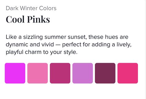 Deep Winter Pink, Winter Pallette, Skin Tone Clothing, Season Analysis, Venus Aesthetic, Deep Winter Palette, Colour Season, Color Seasons, Deep Winter Colors