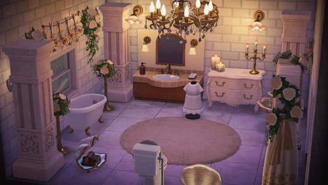 Acnh Bathroom Ideas, Anch Designs, Acnh 2023, Acnh Living Rooms Ideas, Animal Crossing House, Acnh Hhp, Acnh Paths, Animal Crossing Guide, Acnh Inspo