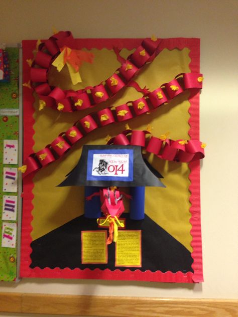 January Bulletin Board RA!! Chinese New Year, the year of horse, but we can forget the classic red dragon too! Chinese Bulletin Board Ideas, Lunar New Year Bulletin Board, Chinese New Year Bulletin Board Ideas, Chinese New Year Bulletin Board, Chinese New Year Classroom, New Year Classroom Door, New Year Classroom, Chinese Board, Winter Library