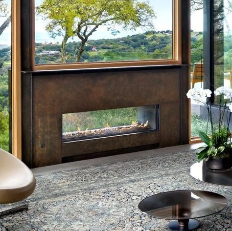 Fireplace In Window, Indoor And Outdoor Fireplace, Fireplace Window Wall, Inside Outside Fireplace, Window Over Fireplace, Indoor Outdoor Fireplace Double Sided, Rural Bathroom, Fireplace Outside, Indoor Outdoor Fireplace