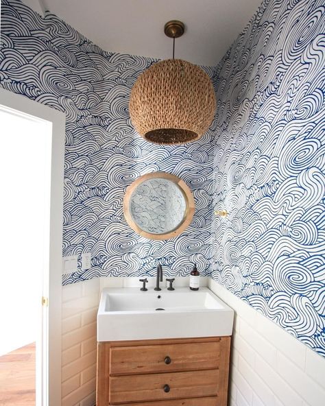 Coastal Powder Room, Wallpaper Powder Room, Beach House Bathroom, Powder Room Wallpaper, Coastal Wallpaper, Waves Wallpaper, Coastal Bathrooms, Powder Bath, Blue Bathroom