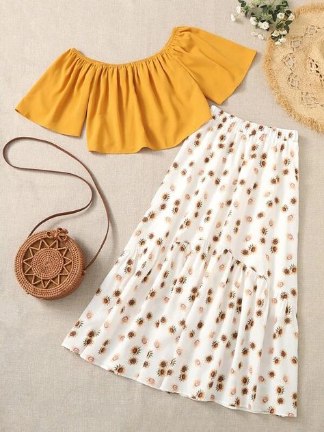 SHEIN Flounce Sleeve Top & Sunflower Skirt Set | SHEIN South Africa Simple Chiffon Short Gowns, Dress Necks, Sunflower Skirt, Flounce Sleeve Top, New Frock, Long Skirt Fashion, Stylish Fall Outfits, Pretty Skirts, Cottagecore Fashion