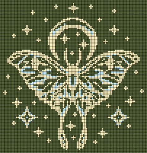 Moth Crochet Tapestry, Unicorn Pixel Art Grid, Lunar Moth Pixel Art, Moth Granny Square, Moth Pixel Art, Luna Moth Crochet, Crochet Tapestries, Moth Insect, Butterfly Moon