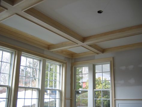 Cauffered Ceiling, Coffered Ceiling Bedroom, Ceiling Trim Ideas, Modern Coffered Ceiling, Fluted Fireplace, Coffered Ceiling Family Room, Coffered Ceiling Dining Room, Boston Living Room, Beams Living Room