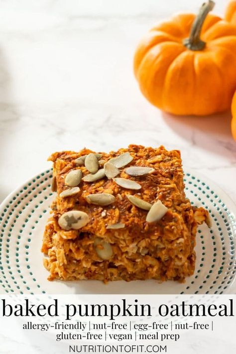 This baked pumpkin oatmeal is lightly sweetened and a delicious fall gluten-free, egg-free, dairy-free breakfast. Plant-based, it's full of fiber and micronutrients and makes an easy meal prep recipe for grab-and-go breakfasts for the week. #mealprep #easyrecipe #healthybreakfast #mealprepbreakfast #oatmealbake #pumpkinbakedoatmeal #pumpkinrecipe #healthymealprep #vegan #allergyfriendlyrecipe #glutenfree #nutfree #eggfree Pumpkin Pie Baked Oatmeal, Baked Pumpkin Oatmeal, Egg Free Breakfast, Oatmeal Bake, Healthy Pumpkin Pies, Vegan Breakfast Easy, No Bake Pumpkin Pie, Baked Oatmeal Recipes, Dairy Free Breakfasts