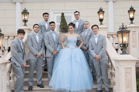 Blue Quince Court, 15 Chambelanes, Light Blue Chambelanes Outfits, Chambelanes Outfits Quinceanera Blue, Quinceanera Chambelanes Outfits, Quinceanera Surprise Dance Outfits, Baby Blue Quince, Quinceanera Chambelanes, Chambelanes Outfits Quinceanera