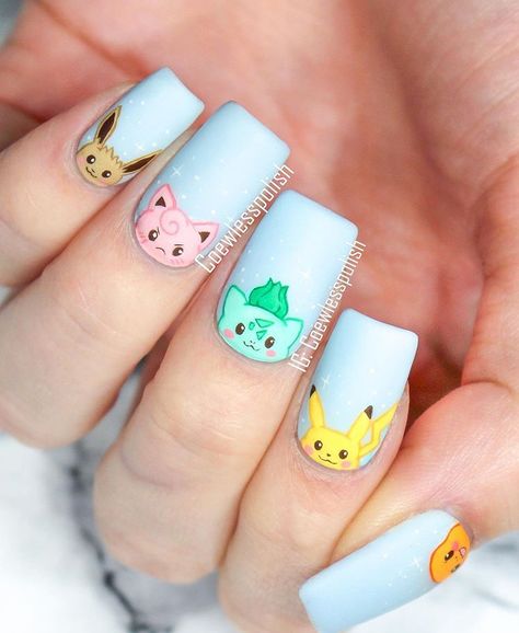 Miku Nail Art, Disney Nails Characters, Psyduck Nails, Pokemon Inspired Nails, Pokemon Nails Acrylic, Bulbasaur Nails, Simple Nail Art Tutorial, Pikachu Nail Art, Anime Nails Acrylic