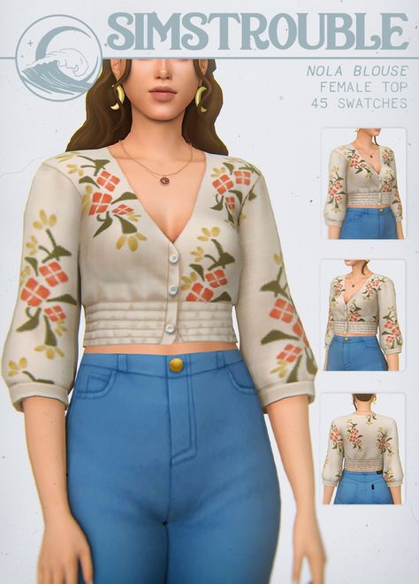 NOLA BLOUSE by simstrouble | simstrouble on Patreon Fem Clothing, Skins Roblox, Cc Sims4, Feminine Clothing, Random Patterns, Cottagecore Clothes, Pelo Sims, Sims 4 Mm Cc, Sims 4 Dresses