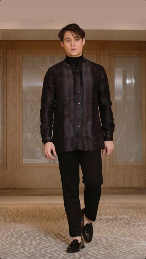 Modern Barong Tagalog Men Outfit Wedding, Modern Filipiniana Men Outfit, Black Barong Tagalog For Groom, Buwan Ng Wika Outfit, Barong Tagalog Modern, Modern Barong Men, Modern Barong Tagalog For Groom, Modern Filipino Outfit Men, Barong Tagalog Outfit Men