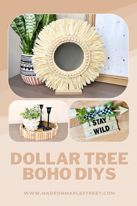 Learn how to create DIY home decor pieces using inexpensive items from Dollar Tree. Diy Cheap Apartment Ideas, Diy Dollar Tree Boho Decor Bedroom, Diy Rustic Boho Home Decor, Bohemian Wall Decor Bedroom, Dollarama Decor Ideas, Diy Dollar Store Boho Decor, Boho Jar Decor, Boho Craft Ideas Diy Projects, Boho Dollar Tree Decor