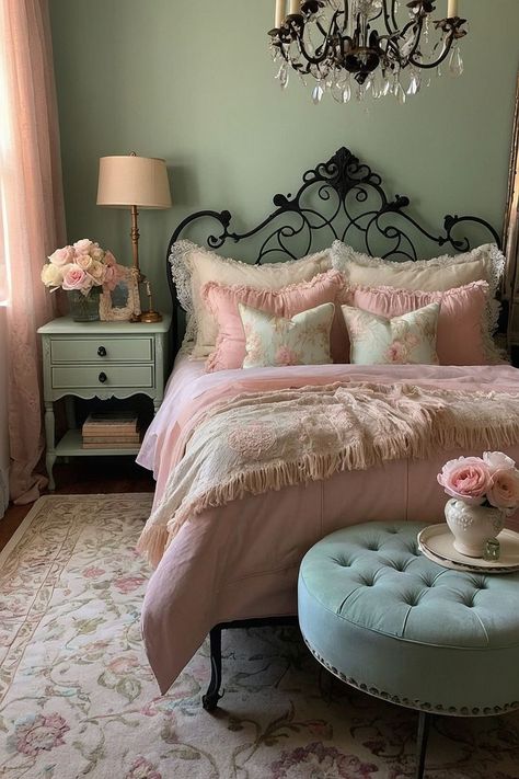 Mint Green Floral Wallpaper, Vintage Pink Bedroom Ideas, Pink Vintage Bedroom, Pink Wallpaper Bedroom, Mint Green Decor, Fall Bedroom Ideas, Luxury Room Bedroom, Cozy Fall Bedroom, Pink And Mint