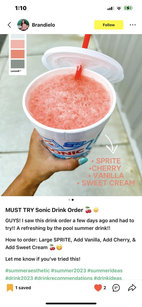 Vanilla Coke Drink Recipe, Sonic Pink Lady Drink, Swig Drink Orders, Sonic Sweet Cream Recipe, Sonic Water Combinations Ideas, Sonic Water Recipes, Sonic Sprite Drinks, Dirty Drinks From Sonic, Sonic Drinks With Sweet Cream