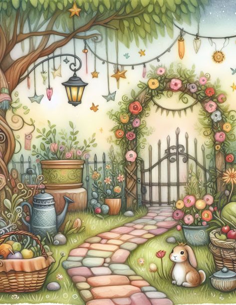 Cute Garden Pictures, Fantasy Garden Drawing, Cute Garden Drawing, Two Paths Drawing, Cute Fairy Garden Drawings, Garden Drawing Ideas, Whimsical Garden Drawing, Enchanted Garden Illustration, Fairytale Garden Painting