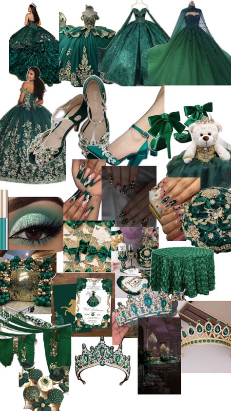 Green Quince Ideas, Dark Green Quinceanera Dresses, Emerald Green Prom Dress Long, Emerald Green Quinceanera Dresses, Emerald Green Quinceanera Theme, Green Quince Dress, Purple Quinceanera Theme, Green Quinceanera Theme, Emerald Green Quince