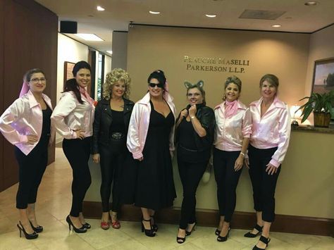 Pink Ladies work group costume Pink Ladies Halloween Costume, Grease Costume Ideas, Pink Ladies Halloween Costumes, Pink Ladies Halloween, Pink Ladies Costume, Pink Lady Costume, Grease Costume, Office Halloween Costumes, Ladies Group