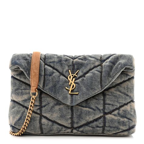 This is an authentic SAINT LAURENT Denim Quilted Toy Loulou Puffer Monogram Chain Satchel in Blue and Cinnamon. This elegant shoulder tote is crafted of quilted denim. The bag has aged gold chain-link shoulder straps with beige leather shoulder pads. The front flap features a prominent YSL monogram detail and opens to a back fabric interior with a zippered pocket and leather card slots. Saint Laurent Denim, Loulou Puffer, Quilted Toys, Quilted Denim, Denim Quilt, Toy Bags, Shoulder Tote, Shoulder Pads, Chain Link