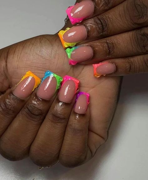 Short Rainbow Nails, Rainbow French Tip Nails, Rainbow French, Elite Nails, Nail Instagram, Nail Drawing, Fancy Nails Designs, Glow Nails, Tip Nails