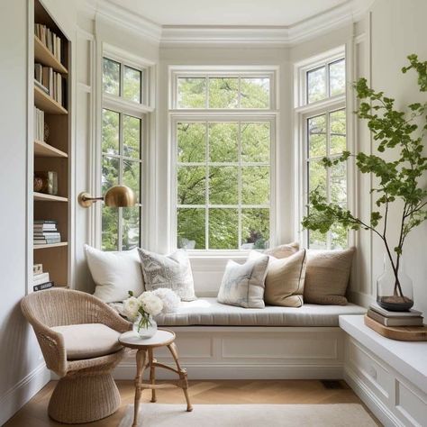 Window Seat In Conservatory, Square Bay Window Seat, Table In Bay Window, Window Seat Library, Bay Window Couch, Bedroom With Bay Window, Small Bay Window, Sofa Window, Window Seat Ideas