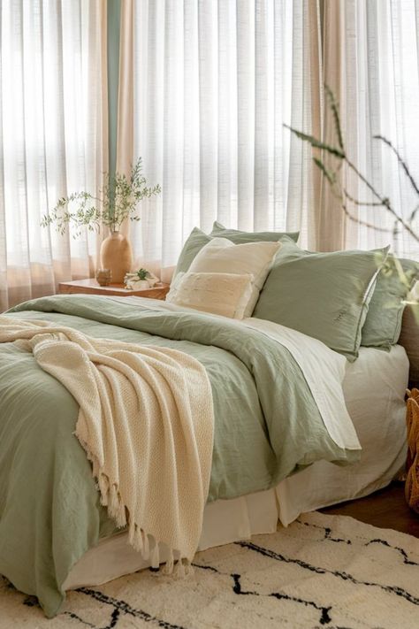 Bedroom with sage green walls with a bed, drapes and a nightstand Silver And Green Bedroom, Olive Green Bedroom Ideas, Sage Green And Grey Bedroom, Sage Green Bedroom Ideas, Olive Green Bedrooms, Green Bedrooms, Green Bedroom Ideas, Peaceful Nature, Sage Green Bedroom