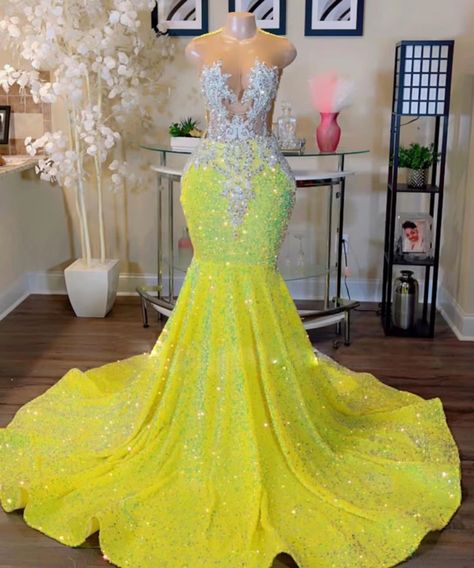 Yellow Prom Dresses With Sleeves, Prom Blowout, Sparkly Birthday Dress, Yellow Evening Gown, Yellow Prom Dresses, African Evening Dresses, Intimacy Quotes, Yellow Prom, Glitter Prom Dresses