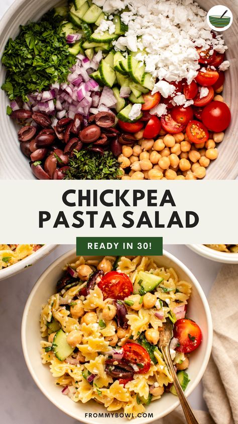 This Chickpea Pasta Salad is filled with vibrant Mediterranean flavors including fresh tomatoes, herbs, briny kalamata olives, and creamy chickpeas. Mediterranean Chickpea Pasta Salad, Healthy Chickpea Pasta Salad, Asian Chickpea Salad, Chickpea Pasta Salad Recipes, Chickpea Mediterranean Salad, Pasta Salad With Chickpeas, Chickpea Pasta Salad, Protein Pasta Salad, Diet Pasta