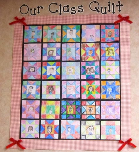 Class quilt: use for pioneer lesson. each child shows a story of their choice in their quilt square. put it all together and make a quilt to hang on the wall. Classroom Quilt, Class Quilt, Abc Countdown, Kansas Day, School Open House, Teacher Birthday Gifts, Paper Quilt, Back To School Night, School Night