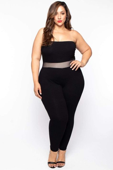 Modern Oc, Plus Size Posing, Long Leggings, Knit Jumpsuit, Strapless Jumpsuit, Straight Neckline, Jumpsuit Black, Plus Size Models, Curvy Girl Outfits