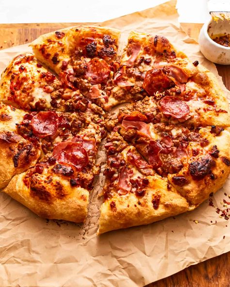 Meat Lover's Pizza Recipe - The Cookie Rookie® Meat Lover Pizza, Meaty Pizza, Meat Pizza, Meat Lovers Pizza, Crockpot Appetizers, Meat Lover, The Cookie Rookie, Cookie Rookie, Crispy Cheese