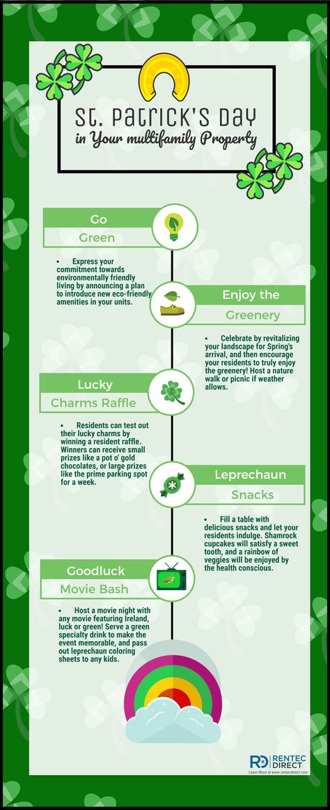 St. Patrick's Day Resident Event March Resident Event Ideas, Community Event Ideas, Resident Retention Ideas Apartments, Hoa Ideas, Event Infographic, Resident Event Ideas, Resident Events Ideas Apartments, Resident Activities, Resident Appreciation