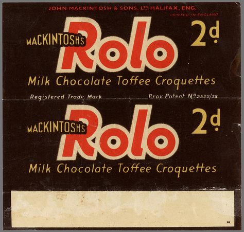 UK - Mackintosh's - Rolo - 2d chocolate candy wrapper - provisional patent - 1937 1938 by JasonLiebig, via Flickr Old Sweets, Uk Chocolate, British Sweets, Sweet Wrappers, Vintage Sweets, Old Candy, Retro Sweets, Retro Candy, Candy Packaging