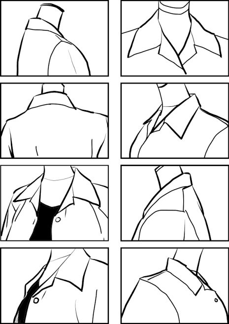 Back Clothes Drawing, Drawing Clothes Side View, Scarf Drawing Tutorial, Accessory Ideas Drawing, Standing Menacingly Reference, How To Draw A Cardigan, How To Draw Shirt Collars, Off The Shoulder Jacket Reference, Collar Shirt Reference