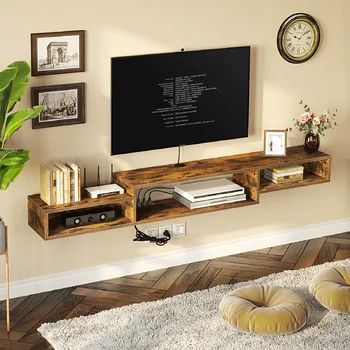 Wall Mounted Media Console, Floating Tv Shelf, Floating Shelves Living Room, Floating Tv Stand, Floating Tv, Tv Shelf, Pine Walls, Retro Industrial, Living Room Tv Wall