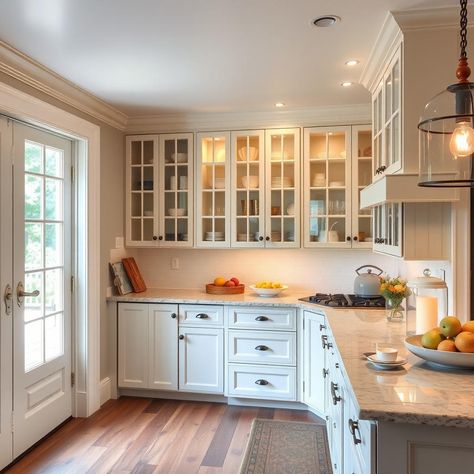 Craft a nautical New England captain's house kitchen with ship-inspired glass-front cabinets and rope crown molding. #CaptainsHouse #NauticalKitchen ⚓ Glass Cabinet Kitchen, England Kitchen, New England Kitchen, Glass Kitchen Cabinets, Nautical Kitchen, Glass Front Cabinets, Cabinet Kitchen, Glass Cabinet, House Kitchen