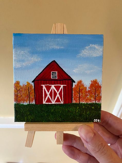 Mini autumn barn painting - 4x4 canvas board with easel Horse Canvas Painting Easy, Autumn Paintings Easy, Easy Autumn Paintings, Barn Paintings On Canvas, Fall Paintings Easy, Autumn Painting Acrylic Easy, Autumn Painting Acrylic, Autumn Painting Ideas Easy, Fall Acrylic Painting Ideas