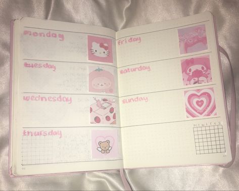 weekly plan journal pastel pink Sanrio Journal Page, Sanrio Journaling, Pink Journal Ideas, Sanrio Journal, Journaling Kawaii, Kawaii Bullet Journal, Pink Bullet Journal, Bullet Journal First Page, Kawaii Journaling