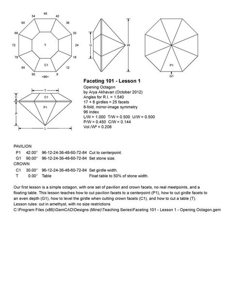 Akhavan - Faceting 101, Lesson 1 - Opening Octagon - The Gemology Project Faceting Diagram, Faceting Designs, Gem Cuts, Gem Drawing, Vision Art, Faceted Design, Gem Mining, Diagram Design, Lesson 1