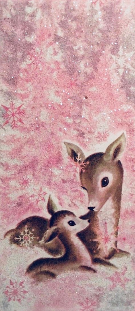 #retrochristmas, 60's Christmas card, #midcenturymodern, #christmas, pink deer, Mom & baby deer Vintage Christmas Desktop Wallpaper, Vintage Pink Christmas Images, Kawaii Christmas Aesthetic, Christmas Desktop Wallpaper Aesthetic, Drippy Paintings, Coquette Christmas Wallpaper, Vintage Christmas Background, Christmas Bunnies, Widget Themes