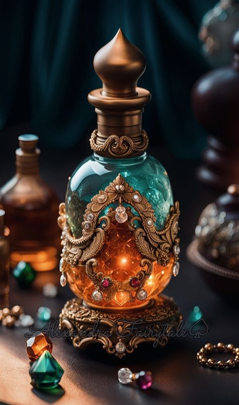 Attar Bottle, Boutique Art, Colored Glass Bottles, Dark Art Photography, Pretty Perfume Bottles, Halloween Potions, Magic Bottles, Perfume Bottle Art, Fantasy Decor