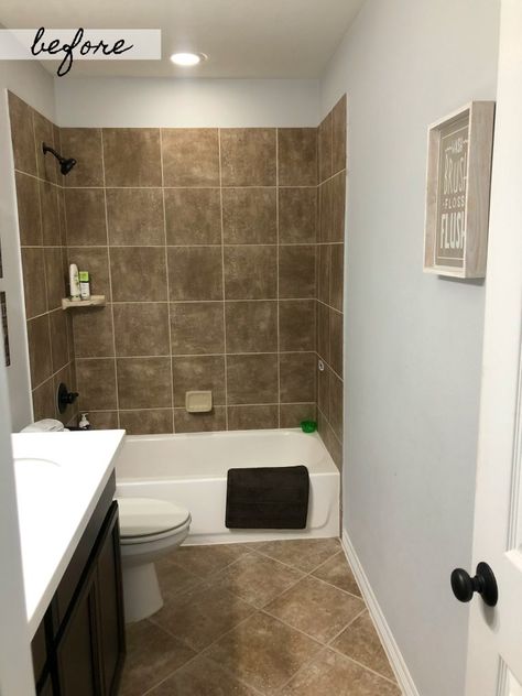 Houston lifestyle blogger Uptown with Elly Brown shares her before and after pictures of their kids bathroom Bathroom Ideas With Brown Tile Floor, Bathroom Remodel With Brown Tile, Two Color Bathroom Walls, Brown Bathroom Remodel, Brown White Black Bathroom, Brown White And Black Bathroom, Brown Tiled Bathrooms Ideas, Bathroom Tiles Brown, Bathroom Ideas With Brown Cabinets