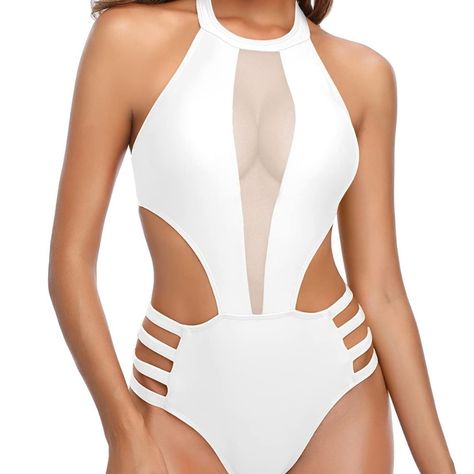 Tempt Me Swim | Tempt Me New Low Back Sexy Swimsuit White Mesh Plunge V Neck Size Xl | Color: White | Size: Xl Flattering Bathing Suit, Mesh Swimsuit, Green One Piece Swimsuit, High Neck Halter, Halter Swimwear, Rashguard Swimsuit, Push Up Swimsuit, Modest Swimsuits, Spandex Top