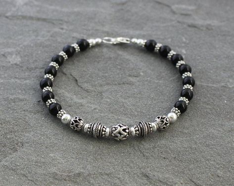 Silver Black Beads Anklets, Black Bead Bracelet Ideas, Karungali Bracelet, Black Bracelet Women, Bali Silver Jewelry, Black Beads Bracelet, Mens Cross Bracelet, Black Bead Bracelet, Oxidized Silver Bracelet