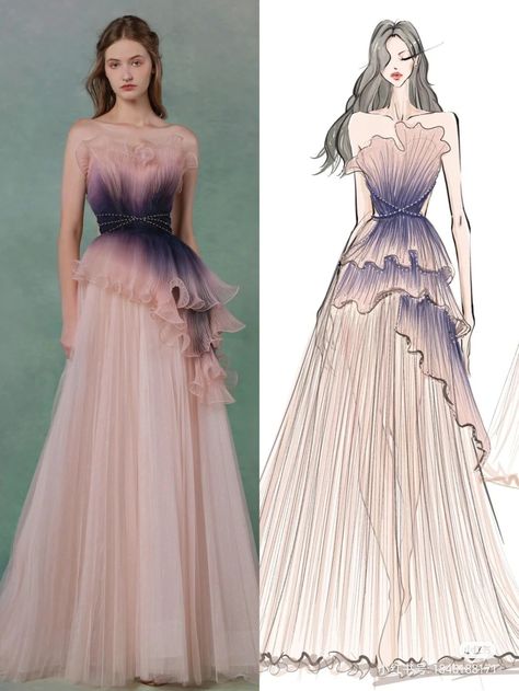 Organza Gaun Design, Red Carpet Dress Designs, Gradation Design Dress, Gaun Prom Night Hijab, Mermaid Gown Sketches Design, Long Gown Sketch Fashion Illustrations, Gaun Dress, Gaun Tulle, Gaun Koktail