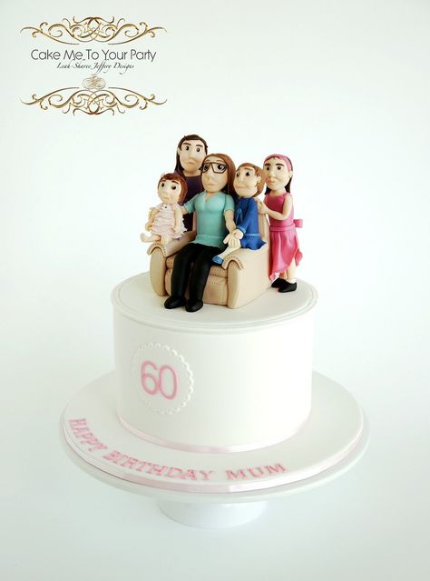 | Grandmother's 60th Birthday Cake | www.facebook.com/cakemetoyourparty Dinah wanted a very special cake to celebrate Mum's 60th Birthday, so we modelled caricatures of her with her grandchildren. I heard there were lots of 'happy tears', at the celebration! :) Inside was a Raspberry Ripple Cake with lemon and vanilla buttercream. Grandmother Cake Design, 60tj Birthday Cake For Mom, Mum 60th Birthday Cake, Birthday Cake Grandmothers, 90 Birthday Cake Grandma, Grandmother Birthday Cake, Raspberry Ripple Cake, Elaborate Cakes, Raspberry Ripple