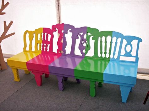 Painted Benches Outdoor, Rainbow Bench, Rainbow Furniture, Rainbow Lollipop, Russian Design, Benches Outdoor, Painted Benches, Garden Storage Shed, Shed Plan