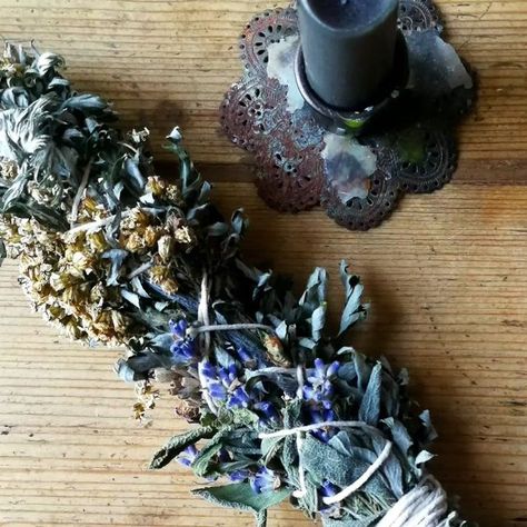 Herbs From The Hills on Instagram: "Mugwort, Lavender, Yarrow & Sage Smoke Cleansing Wand  Locally foraged and garden gathered herbs wilted, bundled, and dried to create space cleansing herb bundles.  Lavender for: calming, cleansing, wellbeing, positivity peace & harmony.  Yarrow for: cleansing negativity, protection, strength, healing, enhancing mental clarity, and reinforcing boundaries.  Garden Sage for: generating wisdom and clarity, cleansing.  Mugwort for: dream enhancement & ancestral connection.  . . . . . . #herbbundles #herbbundle  #smokecleansingsticks #greenwitch #witchythings #ritualitems #altartools #smokeritual #smokemagic #burnwands #herbalwand #saining #wildcrafted #herbalincense #plantallies #herbsfrommygarden #growyourownherbs  #herbcraft #herbalallies #herbalremedies Ancestral Connection, Space Cleansing, Herb Bundles, Garden Sage, Dried Herbs, Peace And Harmony, Green Witch, Mental Clarity, Create Space