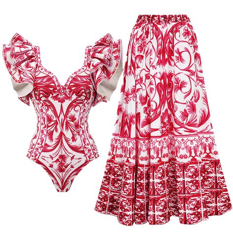 Baroco Style, Skirt Swimwear, Red Apron, Swimming Suits, Skirt Swimsuit, Middle Age Fashion, Print Swimwear, Swimwear Sets, Girls Cartoon